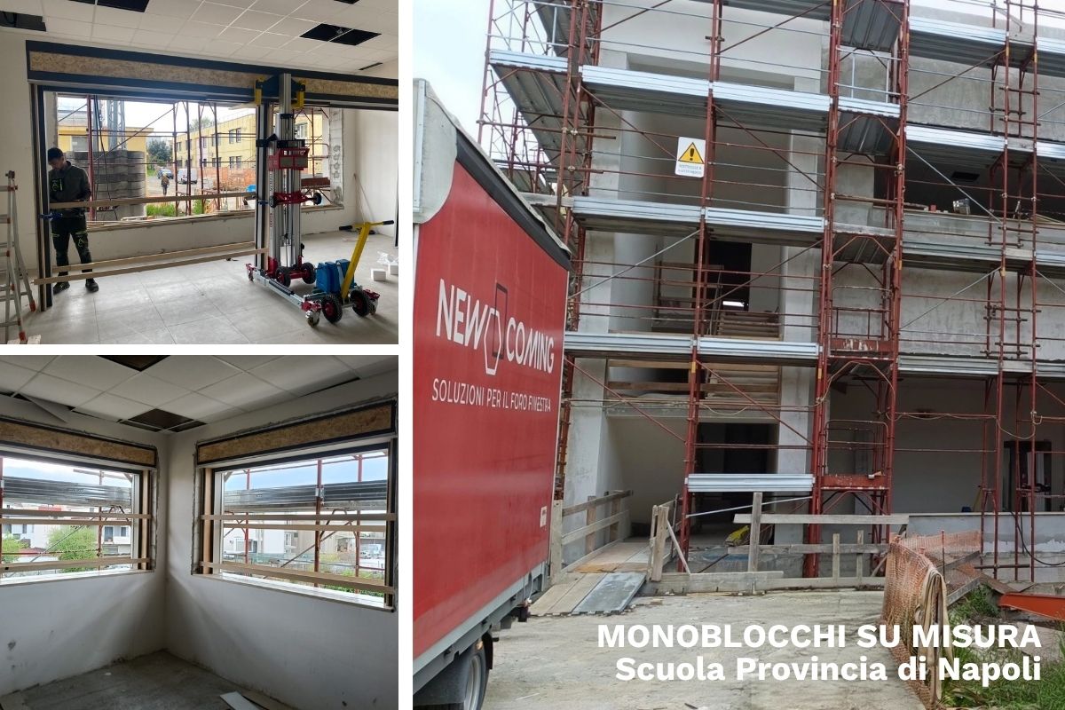 Installazione di monoblocchi finestra su misura in cantiere scolastico per garantire isolamento termico e acustico