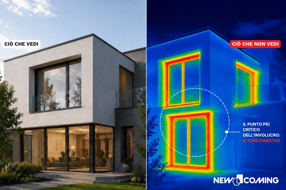 Confronto tra abitazione moderna e termografia del foro finestra che evidenzia ponti termici e dispersioni di calore nell’involucro edilizio.
