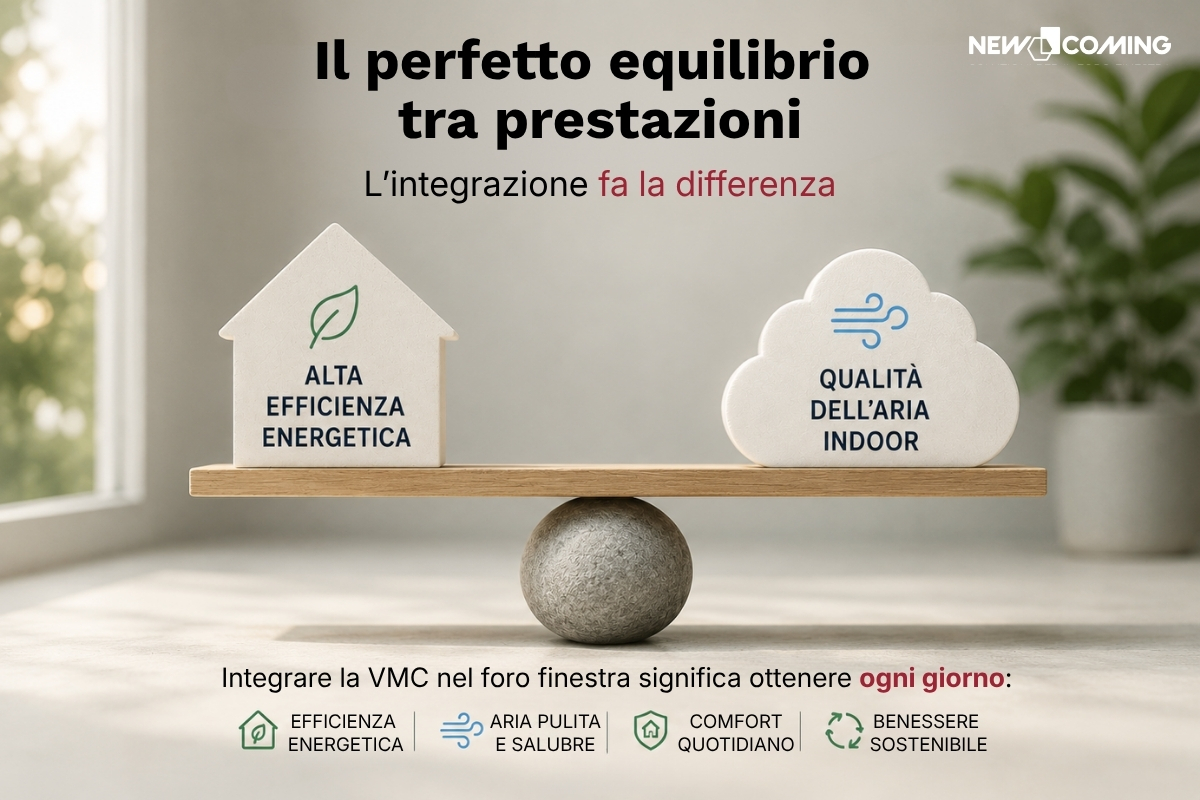 Illustrazione concettuale che rappresenta l'equilibrio tra efficienza energetica e qualità dell'aria indoor ottenuto integrando la Ventilazione Meccanica Controllata nel foro finestra.