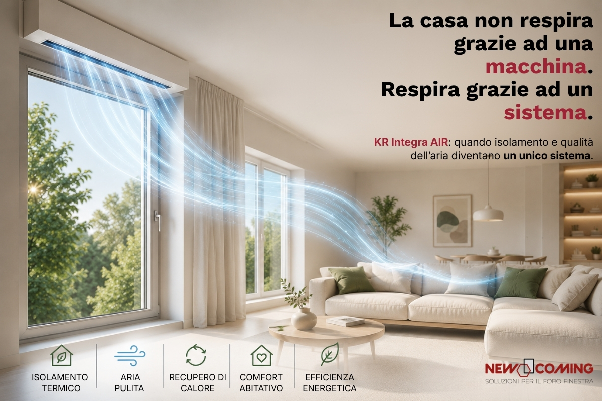 Visual concettuale di un ambiente domestico con flussi d'aria che si diffondono dal cassonetto sopra la finestra, simbolo dell'integrazione tra isolamento, ventilazione meccanica controllata e qualità dell'aria nel sistema KR Integra Air.