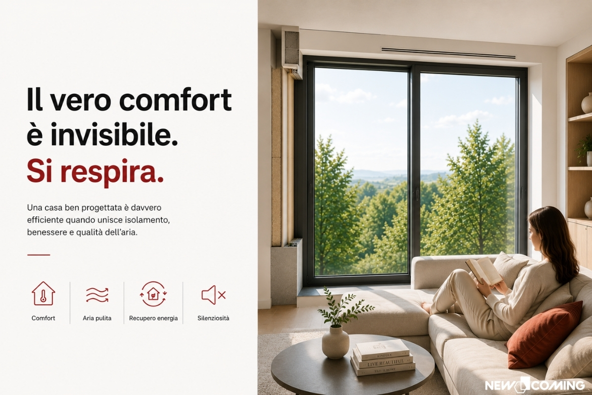 Persona che legge in un soggiorno moderno e luminoso davanti a una grande finestra. L'immagine rappresenta il comfort abitativo, la qualità dell'aria indoor e il benessere garantito da una casa ben isolata ed energeticamente efficiente.