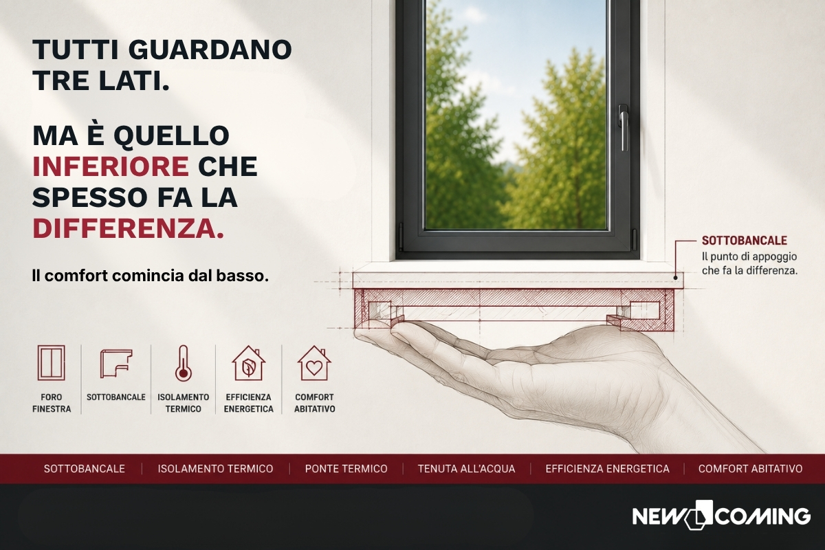 Schema del sottobancale in un foro finestra che evidenzia il ruolo del quarto lato nella riduzione dei ponti termici e nel miglioramento dell'isolamento termico.