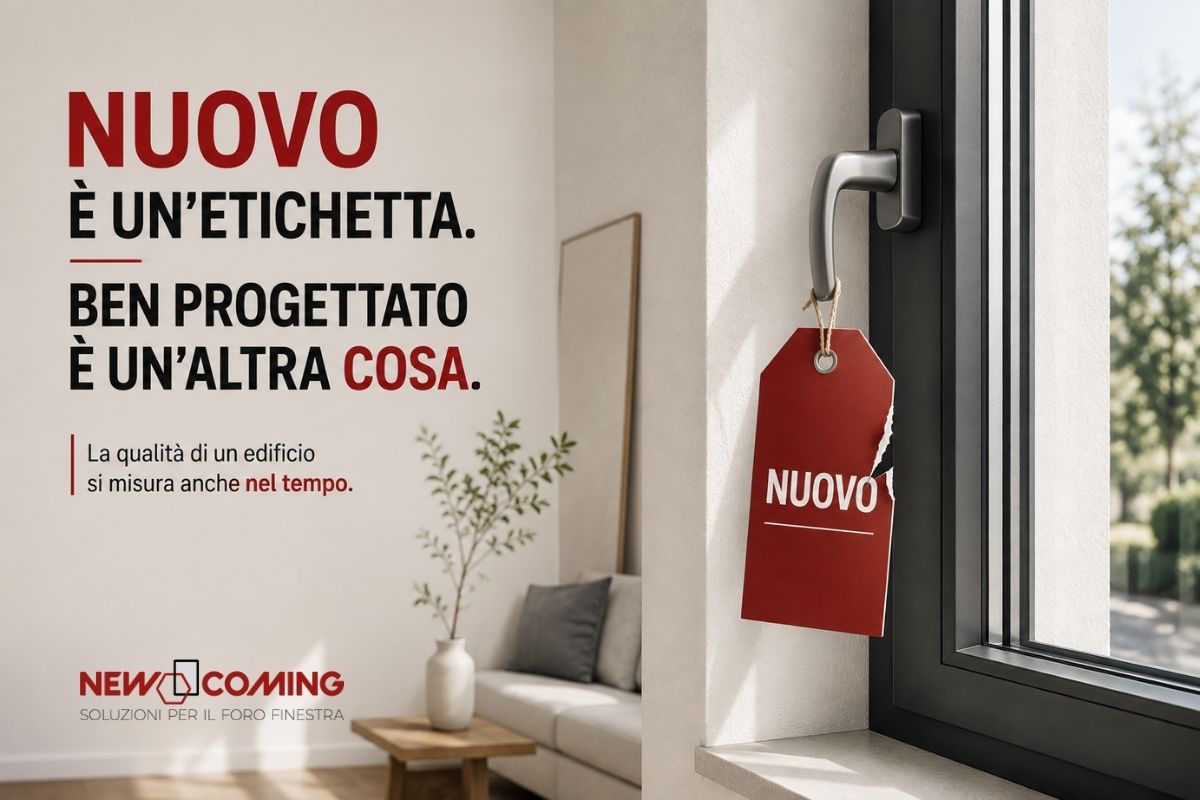 Casa nuova con finestra e cartellino “Nuovo”: la qualità del foro finestra dipende da una corretta progettazione.