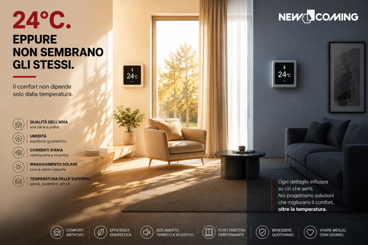 Due ambienti a 24 °C con diversa percezione del comfort abitativo, influenzata da umidità, correnti d’aria, irraggiamento solare e temperatura delle superfici.