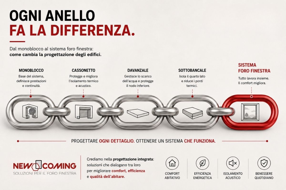 Schema illustrato del sistema foro finestra con monoblocco, cassonetto, davanzale e sottobancale collegati tra loro per garantire comfort, efficienza energetica e prestazioni integrate.