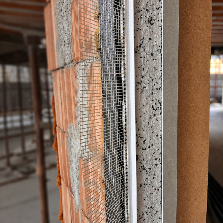 Dettaglio del controtelaio termico New Coming nel cantiere residenziale di Trani